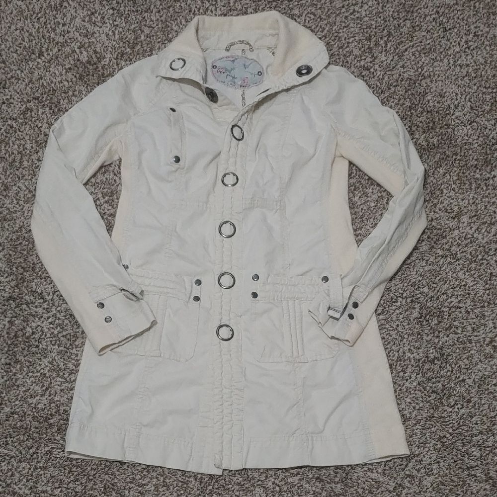 Free People Cream Utility Jacket Snap Button Cotton Trench Coat Women Size 2
